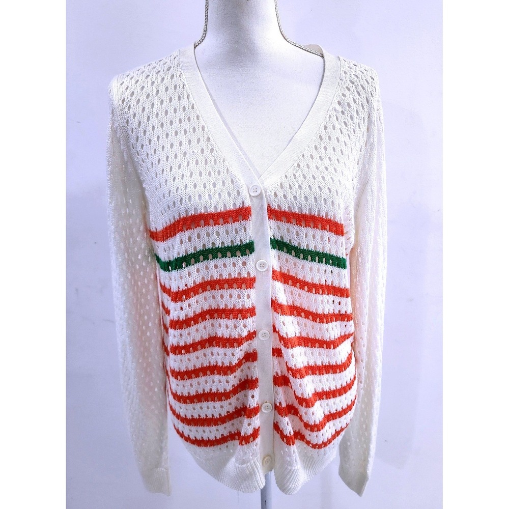 POL Ivory Open Knit Striped Cardigan Sweater V-Neck Orange Green SZ800 Large